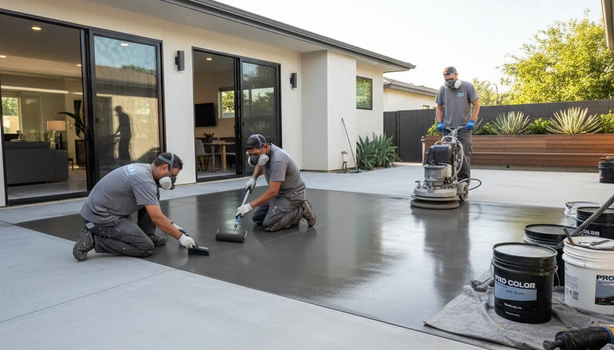Contractor applying concrete stain to Detroit MI garage floor for durable, protective finish