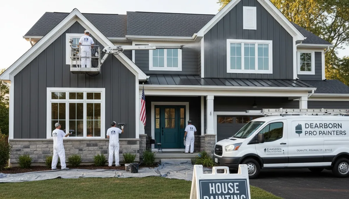 Professional house painters working on residential exterior in Detroit, MI