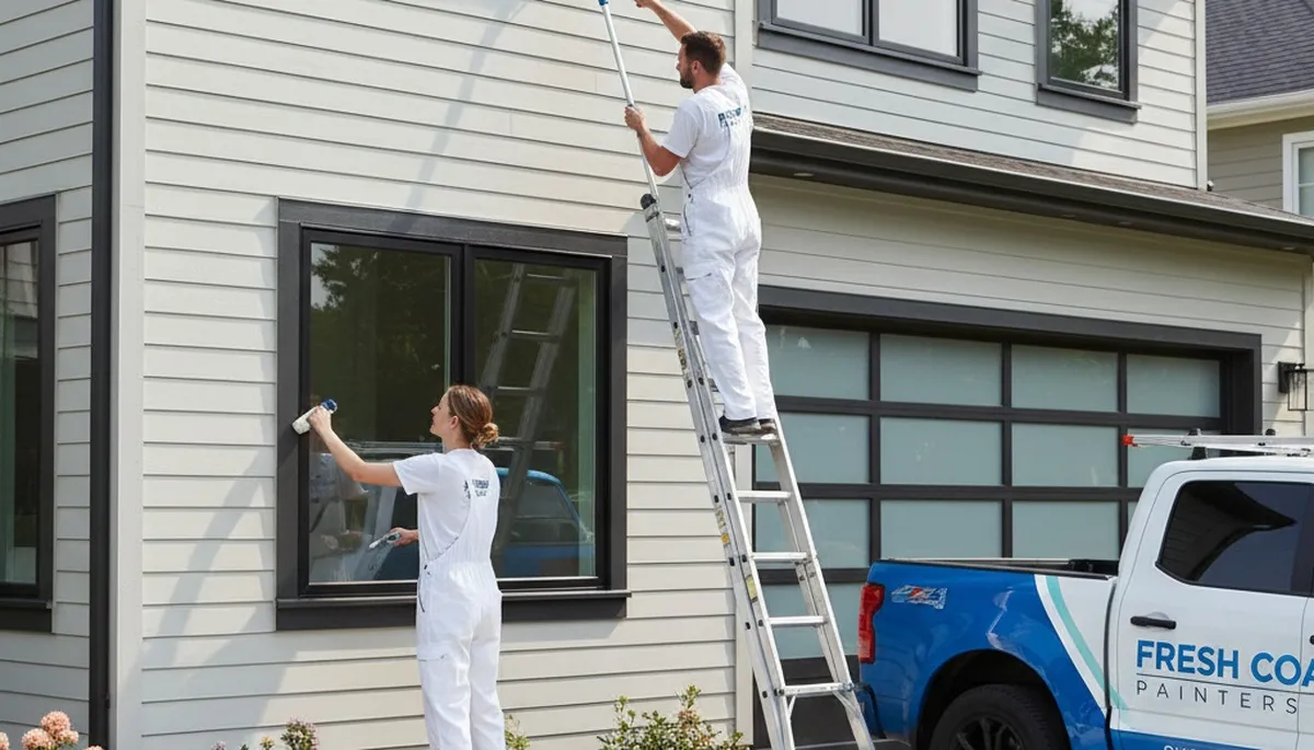 Professional painters applying durable siding paint on Detroit MI home exterior