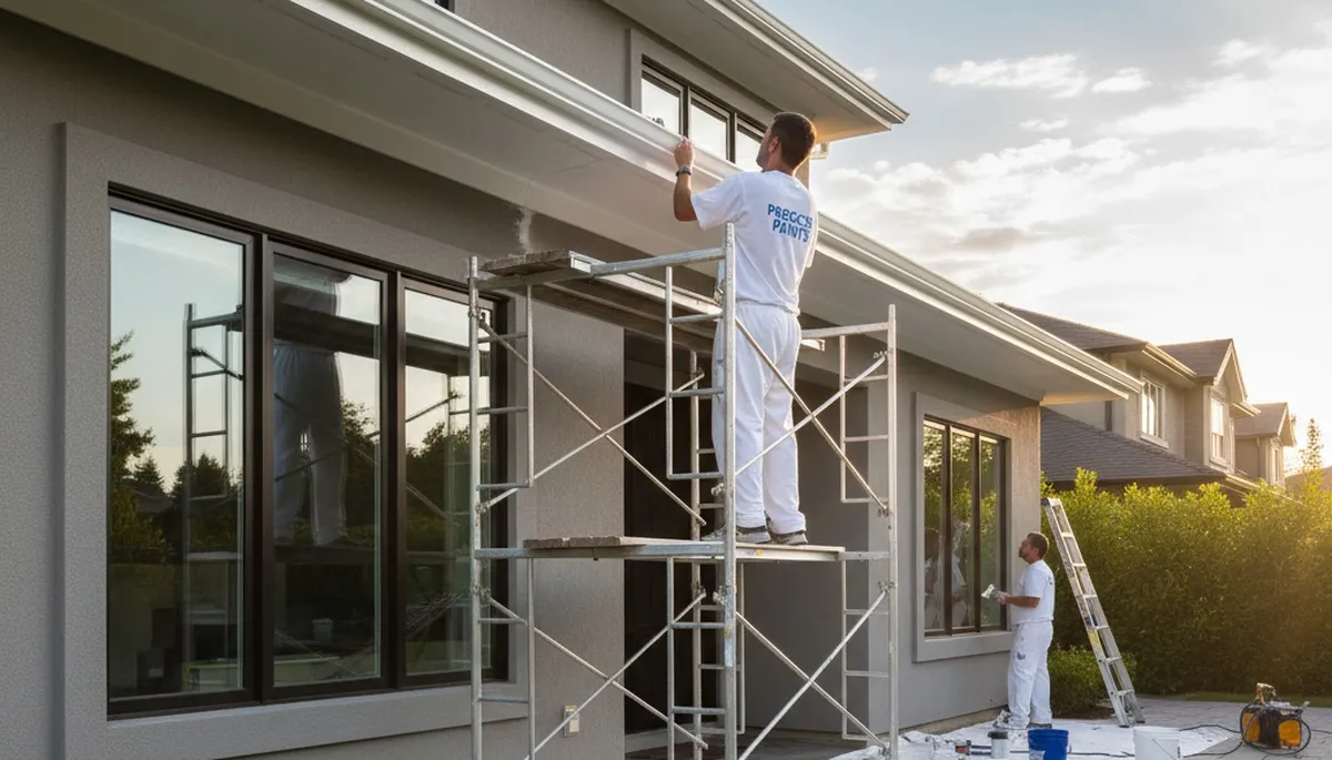 Professional trim and fascia painting on Detroit MI home exterior by expert house painters