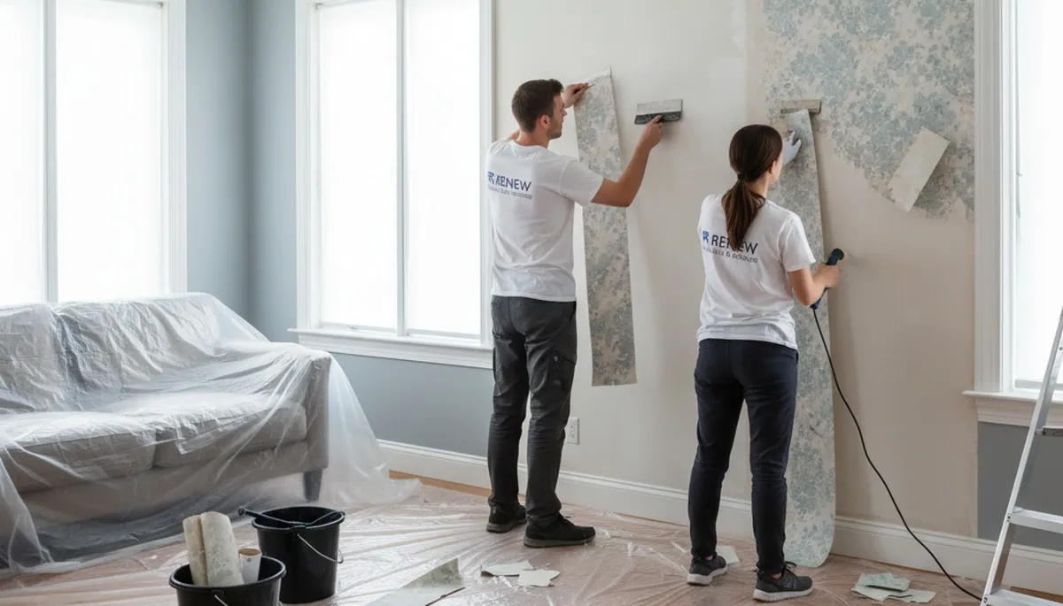 Professional wallpaper removal in Detroit, MI by expert house painters prepping walls for repainting